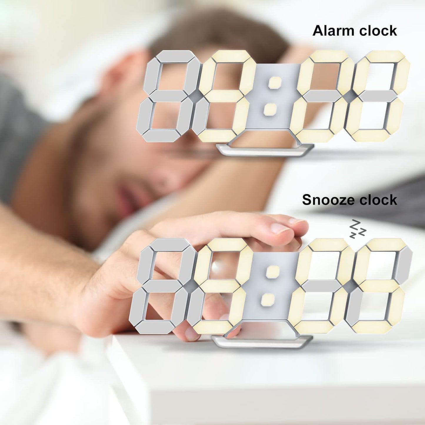 Deeyaple 3D LED Digital Wall Clock Modern Alarm Clock Adjust Brightness 12/24 Time Date Temperature Silent Snooze USB Night Light Remote Control Kitchen Bedroom Living Room Small 9.7 inch White