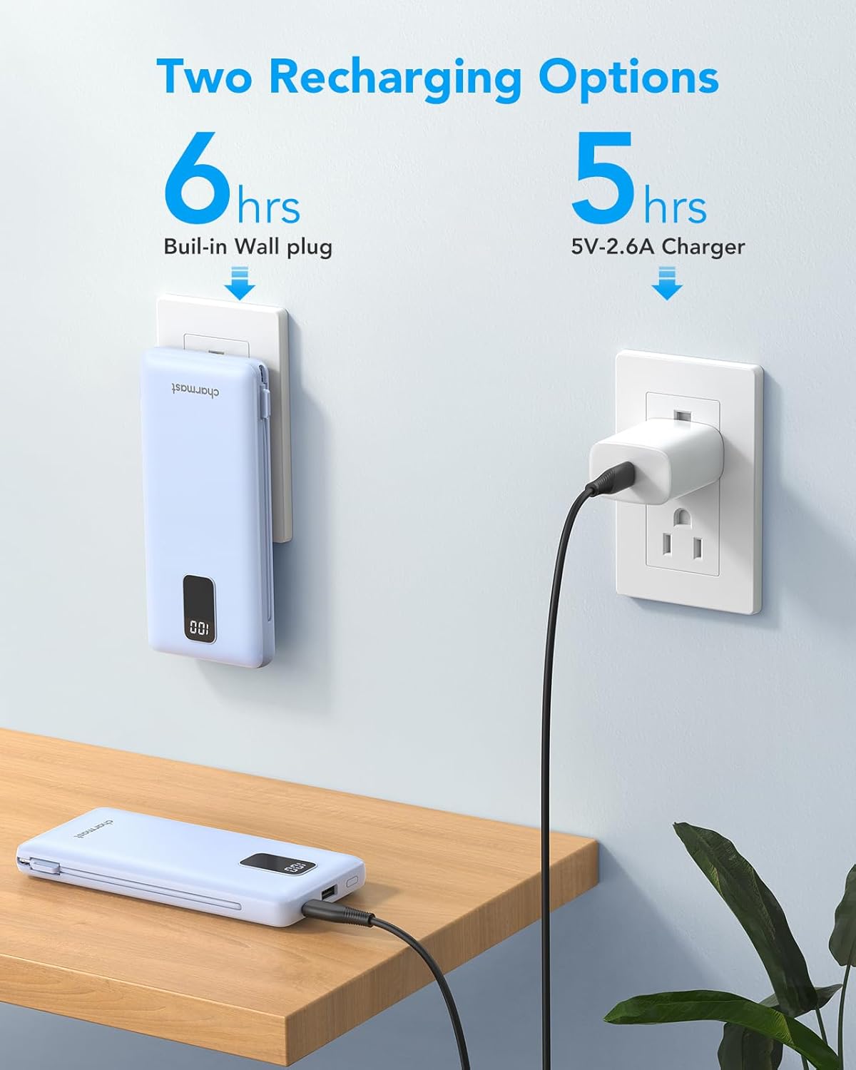 Charmast 10000mAh Portable Charger with Built-in Cables and AC Wall Plug,USB C Battery Pack Power Bank,5 Output 2 Input Battery Pack Compatible with iPhone 16/15/14/13/12,Andriod Series