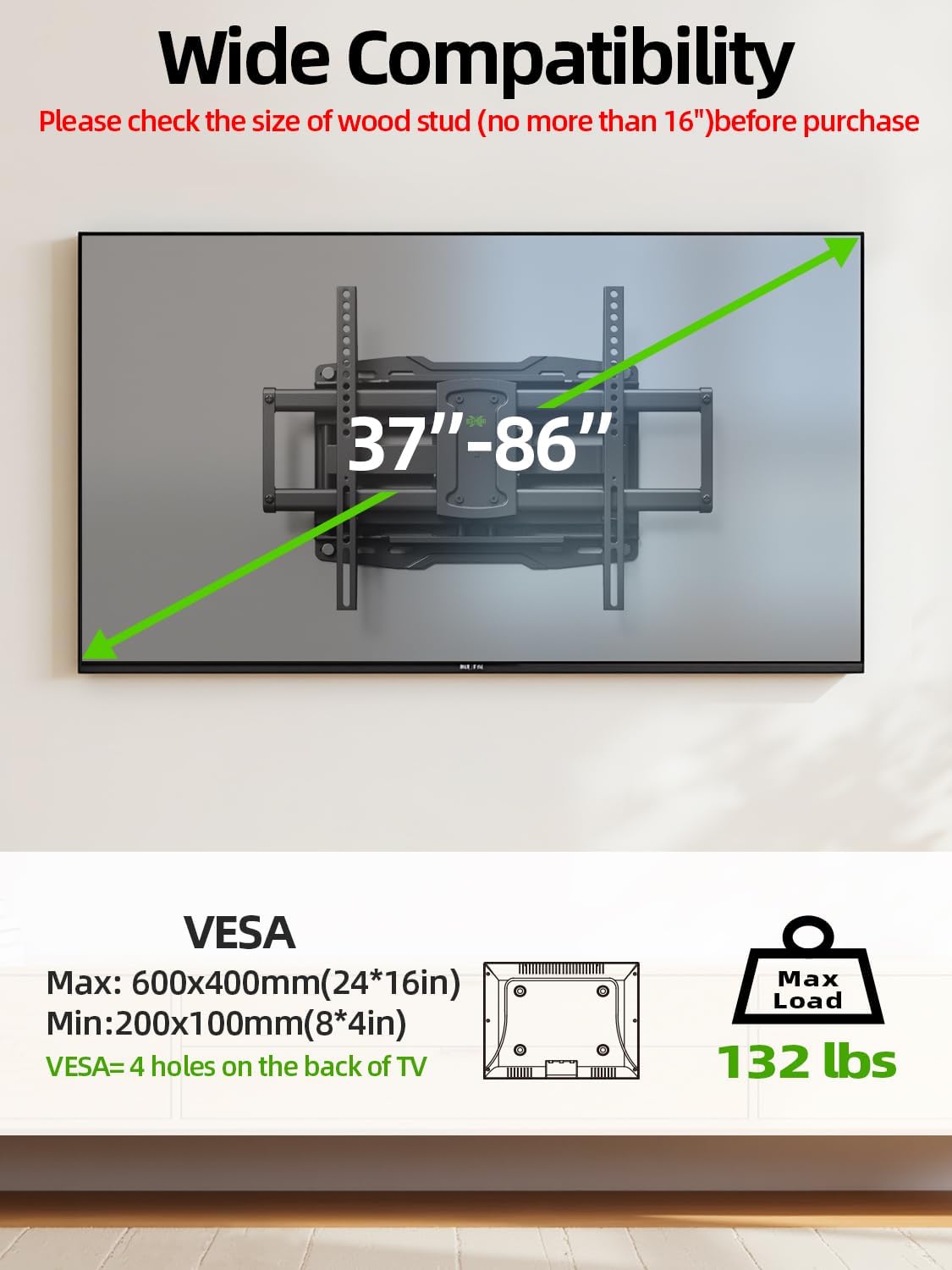 USX Mount UL Listed Full Motion TV Wall Mount for Most 37-86 inch TV, Swivel and Tilt Mount with Dual Articulating Arms Up to 132lbs, VESA 600x400mm, 16" Wood Studs, XML019