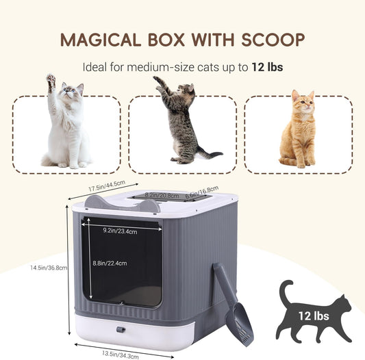 LCZLBRRD Fully Enclosed Cat Litter Box, Upgraded Covered Kitty Litter Boxes with Lid and Top Entry, Anti-Splashing Easy to Clean, 3 Modes Cat can Use from Kitten to Adult(White&Grey) - PuriLite
