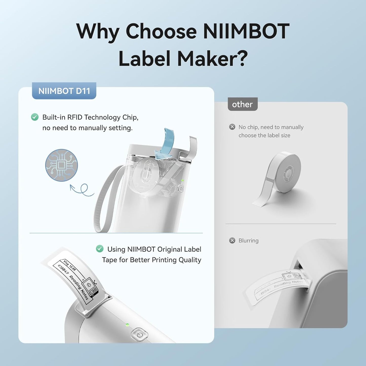 NIIMBOT D110 Mini Label Maker Machine with Tape(Pre-Cut Size 12x40mm), Portable Bluetooth Sticker Printer, Inkless Automatic Feeding One-Touch Custom Printing, Compatible with Phone Only