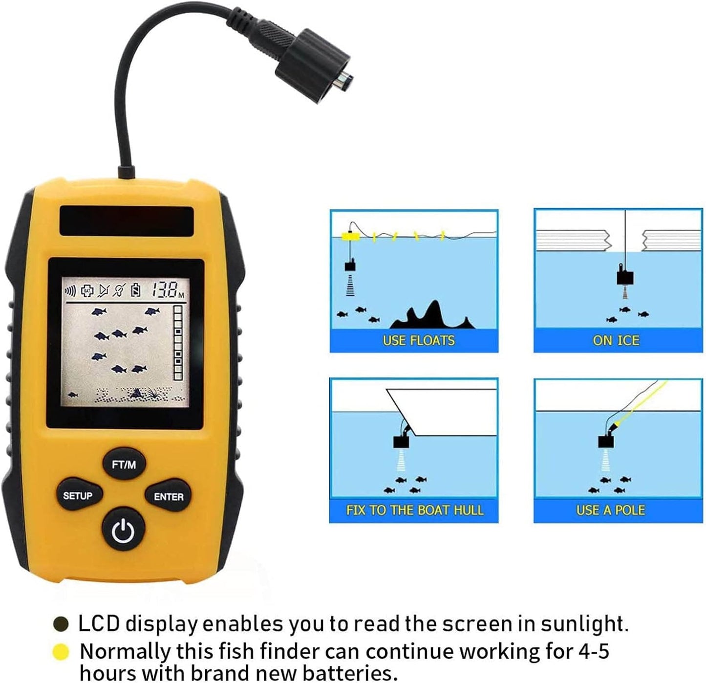 Portable Fish Finder, LCD Display Fish Finder Sonar Sensor,Handheld Fish Depth Finder with Alarm,for Ice Fishing Sea Fishing Kayak Fishing