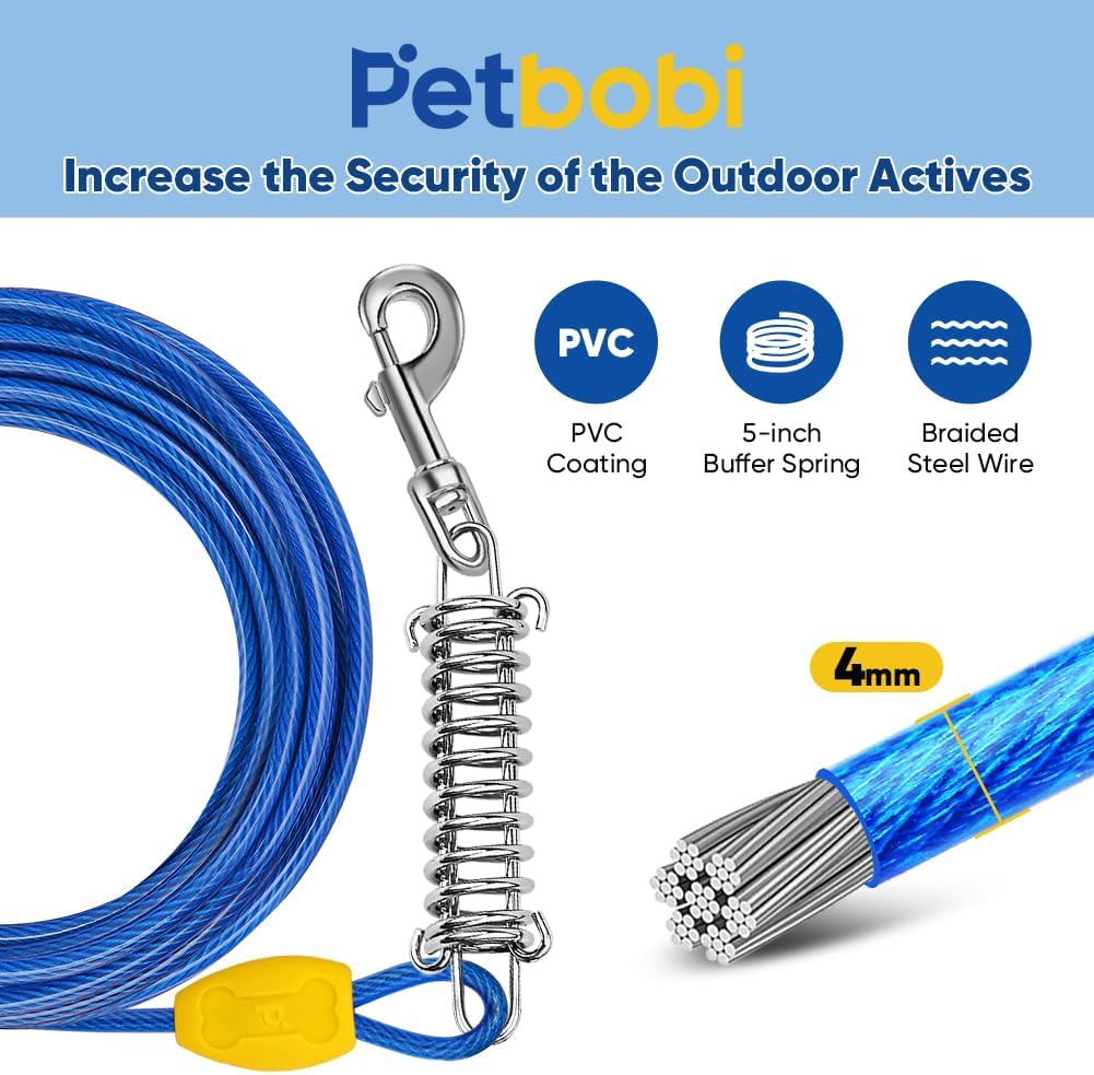 Petbobi Dog Tie-Out Cable and Stake - 30ft Heavy Duty Cable with Spring, No Tangle, 16in Ground Stake, Ideal for Yard, Camping and Beach, Suitable for Small Medium Large Dogs Up to 120 lbs, Blue