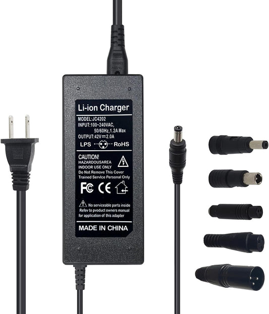Wanhirus 42V 2A Scooter Charger 5 Plugs Universal for 36V Lithium Battery, Pack DC 5.5 * 2.1 with 8mm 3 Prong Connector /12mm 3 Prong Connector /8mm RCA Connector/ 3-Pin Male XLR Connector