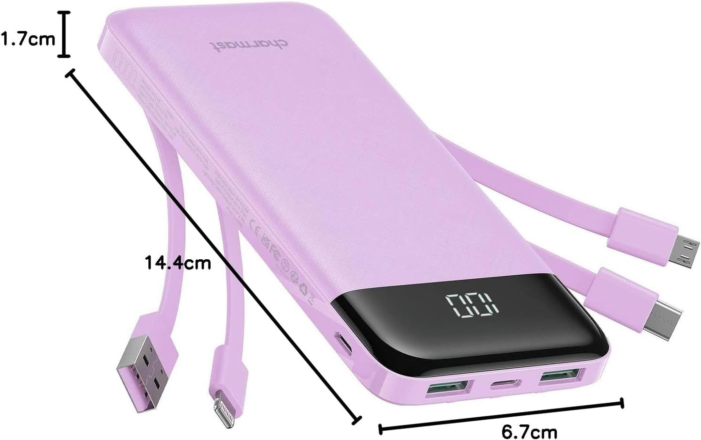 Charmast Portable Charger with Built in Cables, Power Bank with Cords Wires, Slim 10000mAh Travel Battery Pack 6 Outputs 3 Inputs 3A Fast Charging for Samsung Google Pixel LG Moto iPhone iPad
