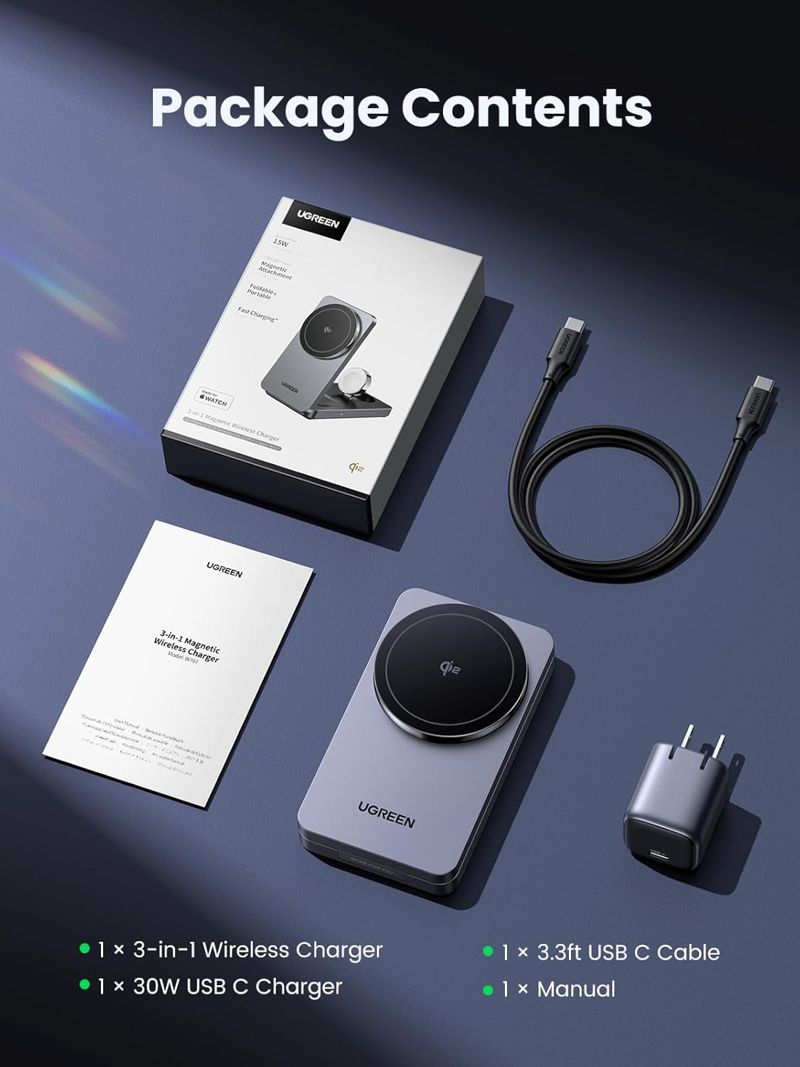 UGREEN MagSafe Qi2 15W 3-in-1 Wireless Charging Station, Foldable Wireless Charger Stand Compatible with iPhone 16/15/14/13/12 Series, AirPods 3/2/Pro, Smartwatch (Included 30W Adapter)