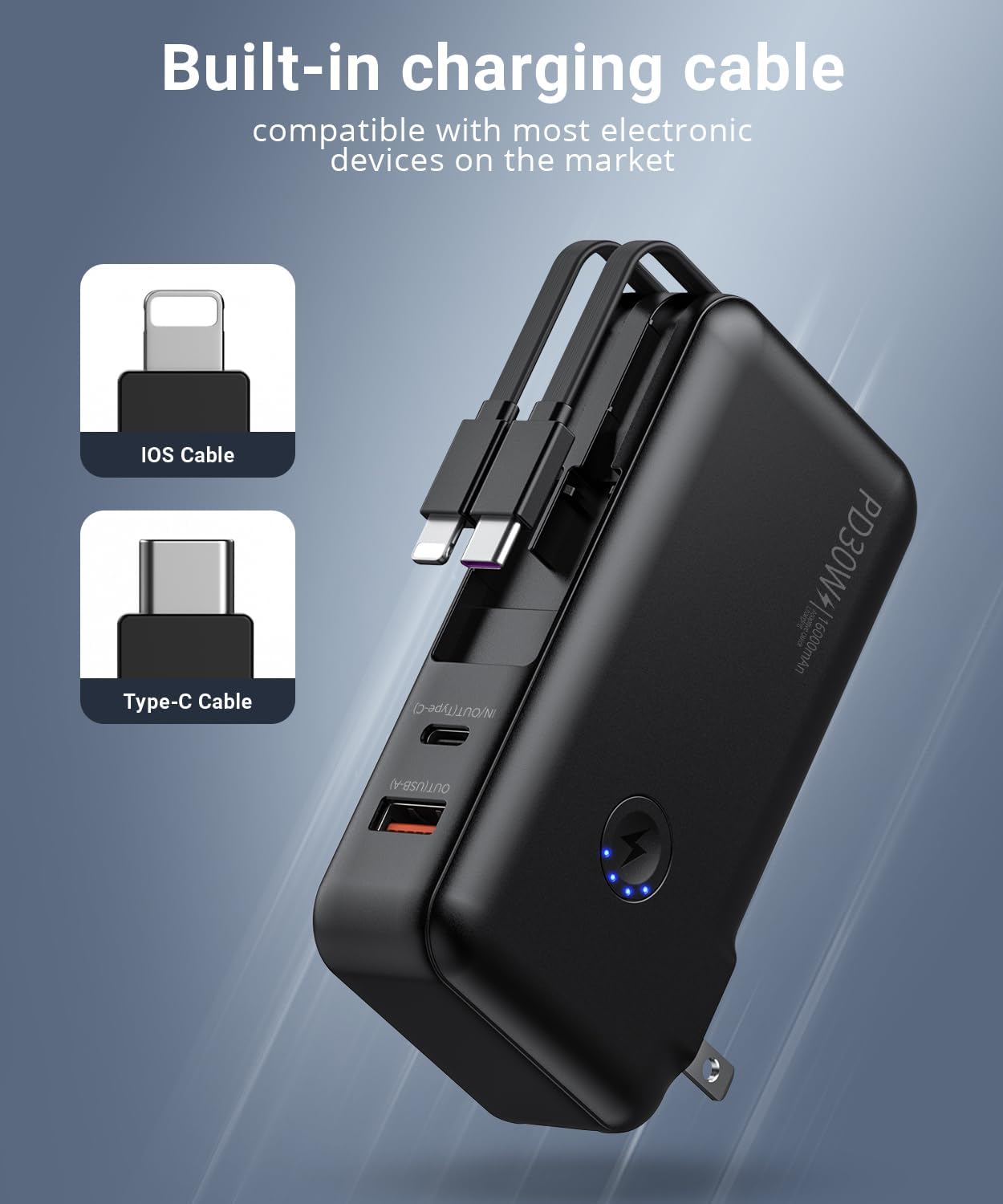 Portable Charger Power Bank 16000mAh Power Bank Built-in AC Wall Plug and Cables, PD 30W and QC4.0 Fast Charger for Most Electronic Devices (White)