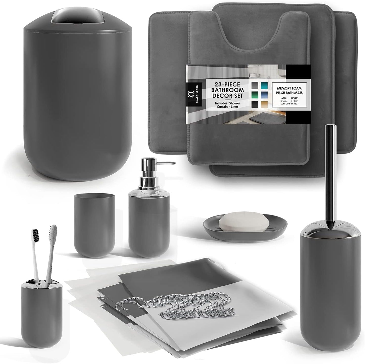 Clara Clark Bathroom Set - Gray Bathroom Accessories Set, Bathroom Sets with Shower Curtain and Rugs, 23PC Shower Curtain Set with Liner, Soap Dispenser, Soap Dish, Toilet Brush Holder, and Trash Can