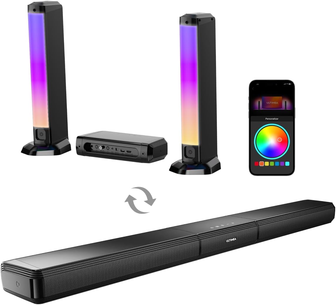 ULTIMEA 5.0ch Sound Bar for Smart TV, PC Soundbar with RGB Light, Detachable Soundbar with App Control, 120W Peak Power, Bluetooth 5.3 TV Sound Bar, HDMI-ARC/Opt/AUX, Wall Mount, Apollo S70