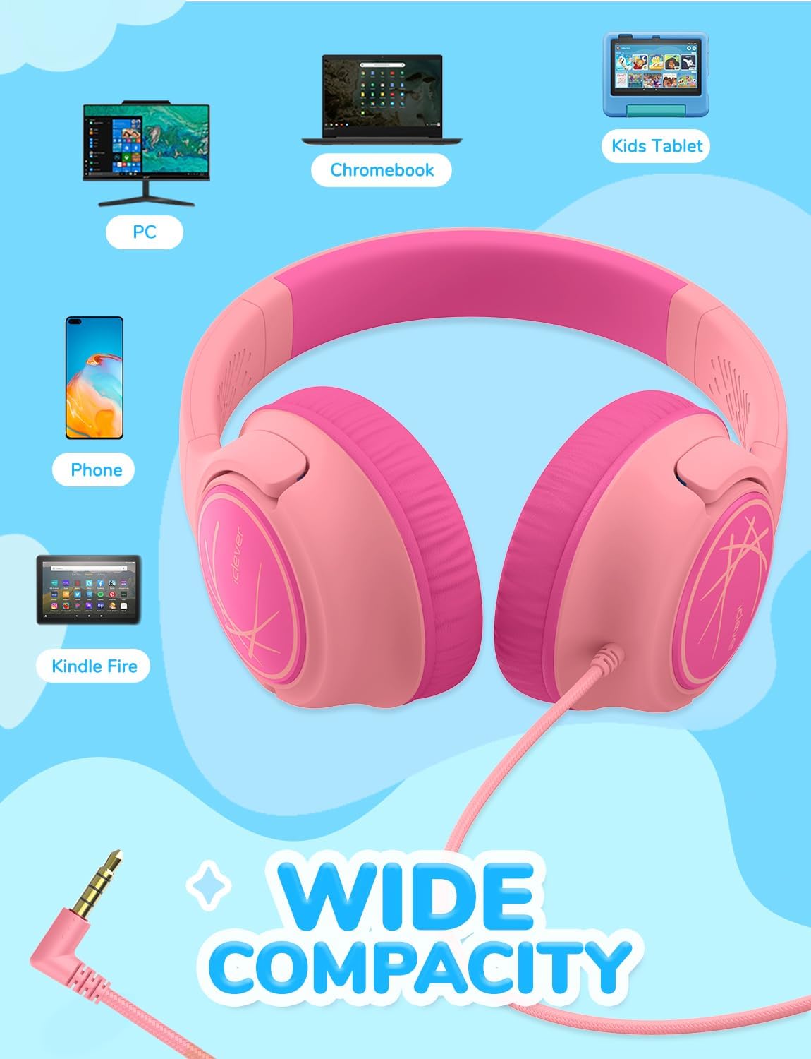 iClever Kids Headphones with Cord, 85dBA Safe Volume Wired Headphones for Kids, Stereo Sound Foldable Adjustable, 3.5mm Jack, Over Ear for School/Boys/Girls/iPad/Tablet/Travel, Blue
