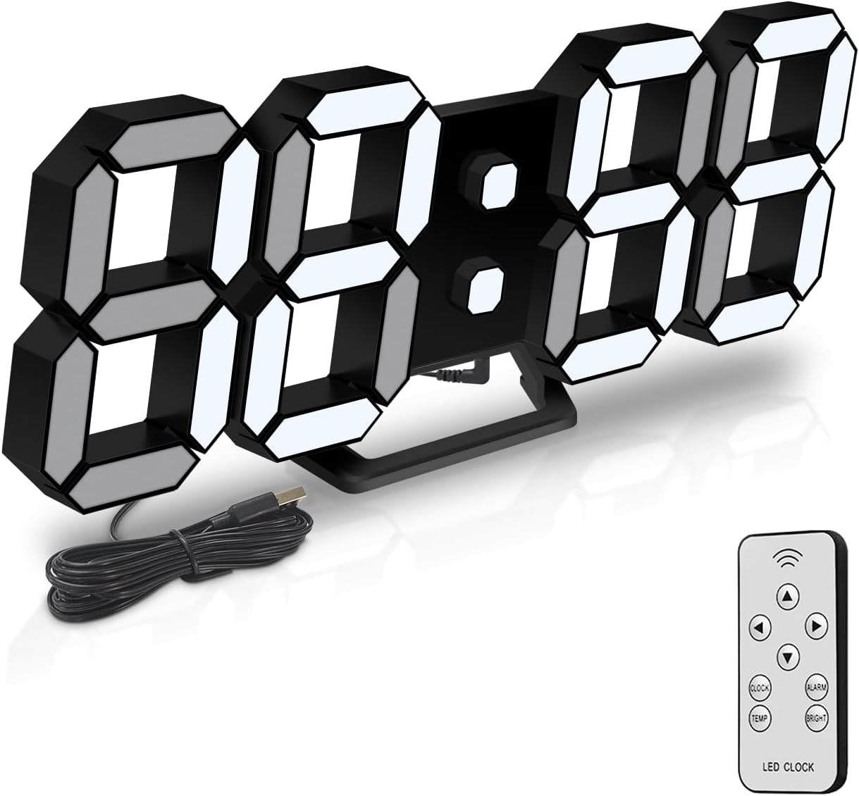 Deeyaple 3D LED Digital Wall Clock Modern Alarm Clock Adjust Brightness 12/24 Time Date Temperature Silent Snooze USB Night Light Remote Control Kitchen Bedroom Living Room Small 9.7 inch White