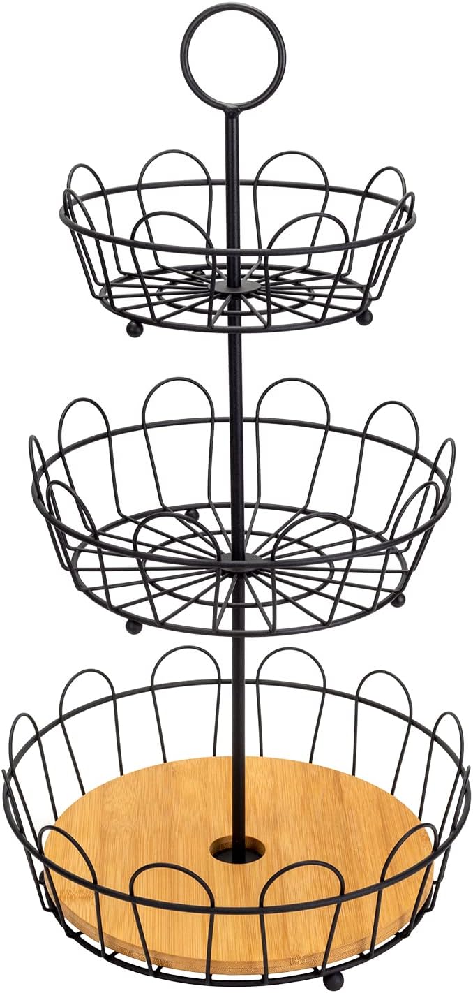 3-Tier Farmhouse Fruit Basket Stand, Wire Fruit Vegetables Countertop Storage Rack, Multifunctional Detachable Bread Snack Holder Bowl for Kitchen and Bathroom Organization - Black