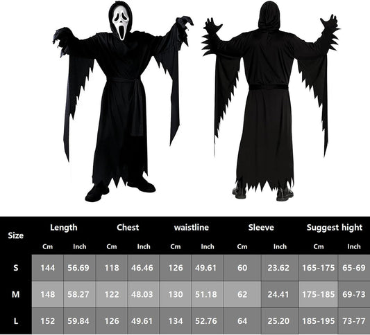 Mens Scary Scream Costume Black Robe with Scary Mask Halloween Cosplay Costume - PuriLite