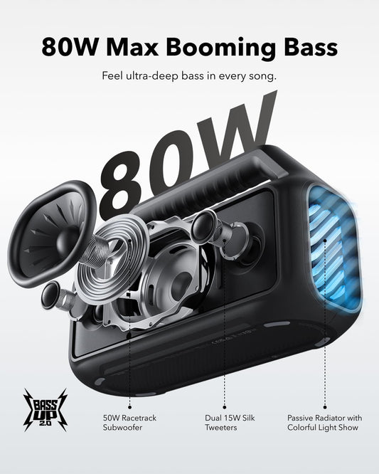 soundcore Boom 2 Outdoor Speaker, 80W, Subwoofer, BassUp 2.0, 24H Playtime, IPX7 Waterproof, Floatable, RGB Lights, USB-C, Custom EQ, Bluetooth 5.3, Portable, Camping, Beach, and Backyard-Black - PuriLite