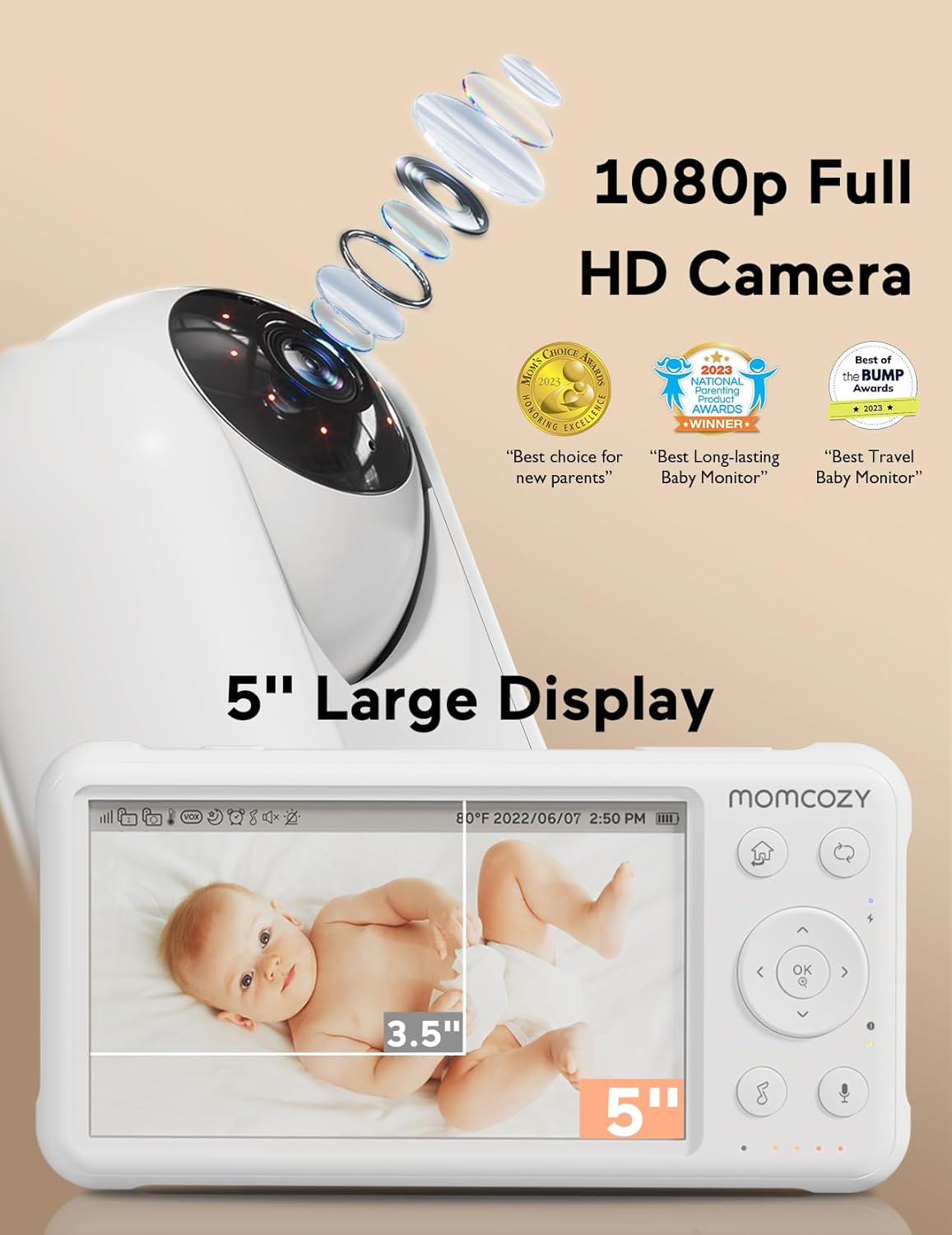 Momcozy Video Baby Monitor, 1080P 5'' HD Baby Monitor with Camera, Built-in Wide Angle Lens, 2-Way Audio, IR Night Vision, 5000mAh Battery, 960ft Range, Temperature Sensor, Lullaby, Easy to Operate