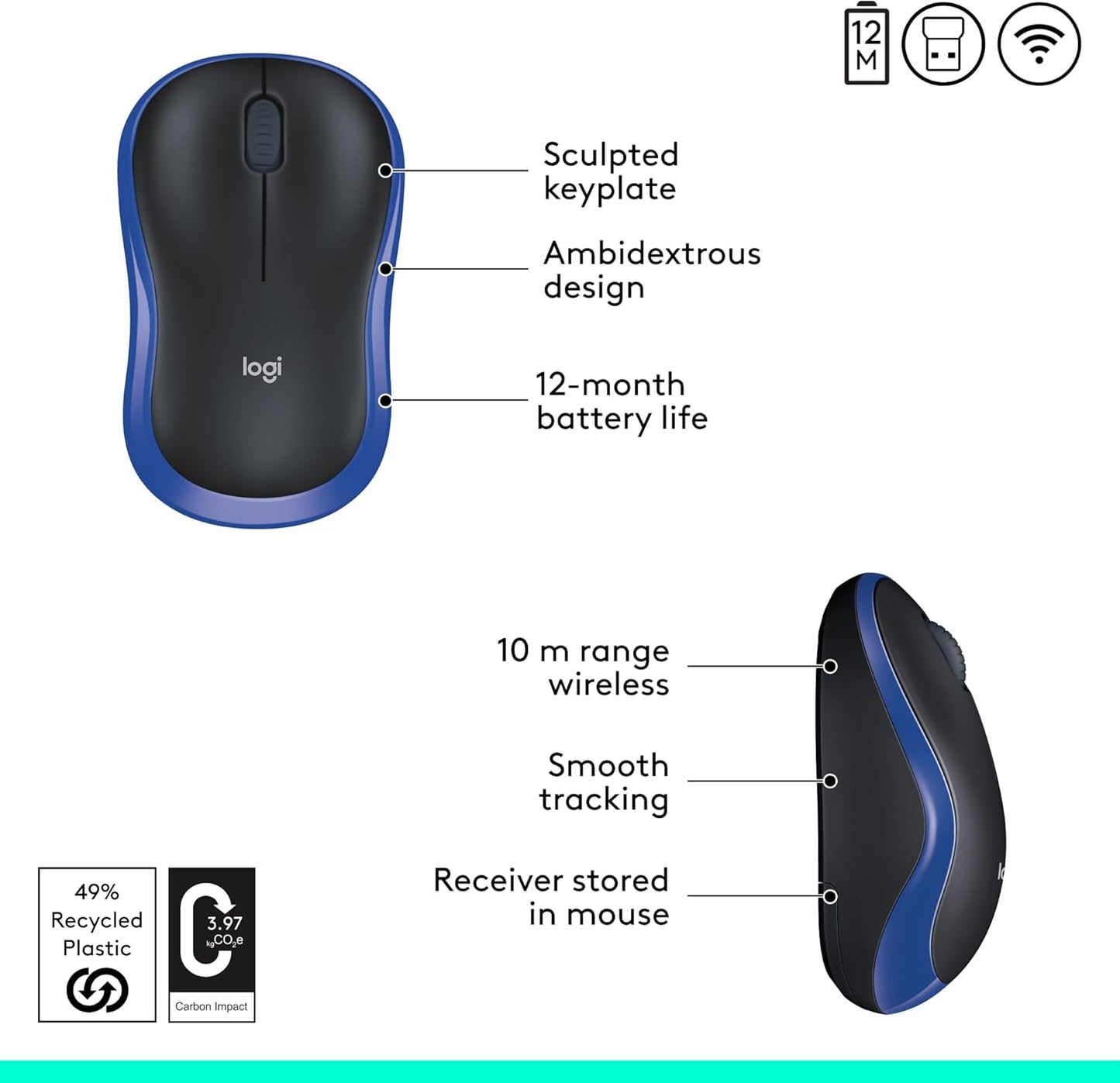 Logitech M185 Wireless Mouse, 2.4GHz with USB Mini Receiver, 12-Month Battery Life, 1000 DPI Optical Tracking, Ambidextrous, Compatible with PC, Mac, Laptop - Black
