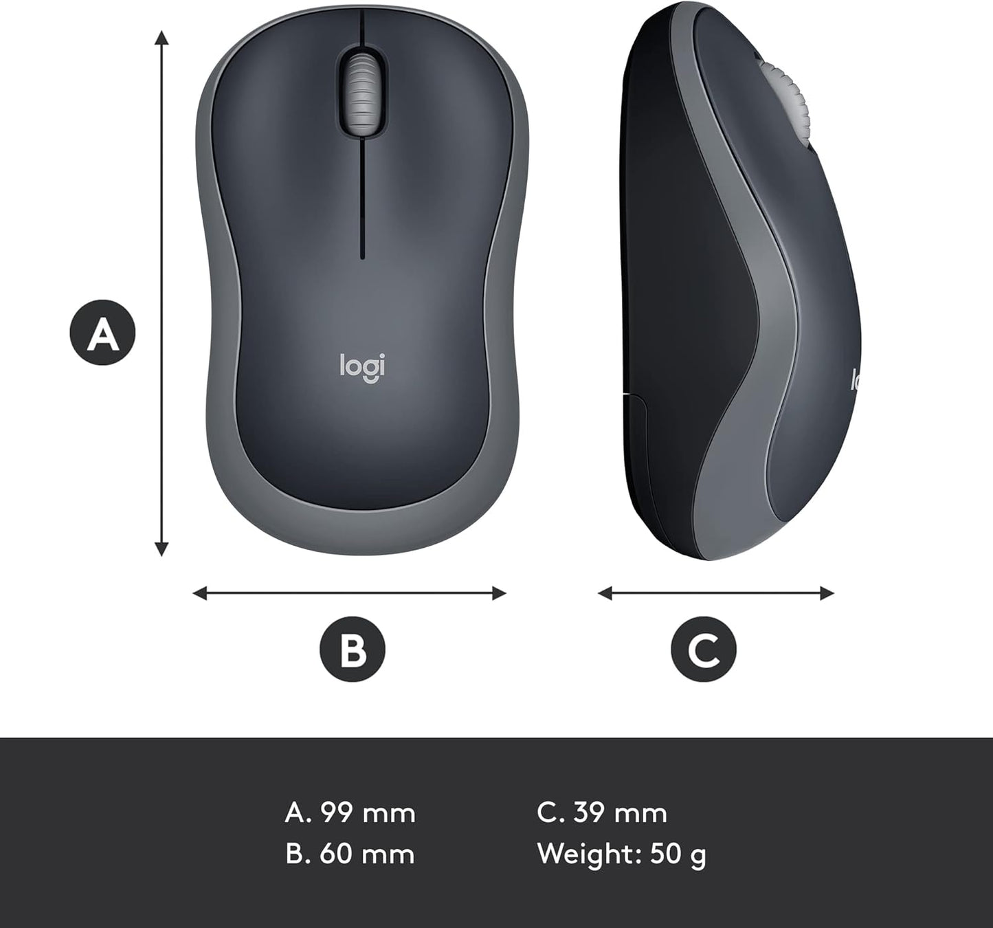 Logitech M185 Wireless Mouse, 2.4GHz with USB Mini Receiver, 12-Month Battery Life, 1000 DPI Optical Tracking, Ambidextrous, Compatible with PC, Mac, Laptop - Black