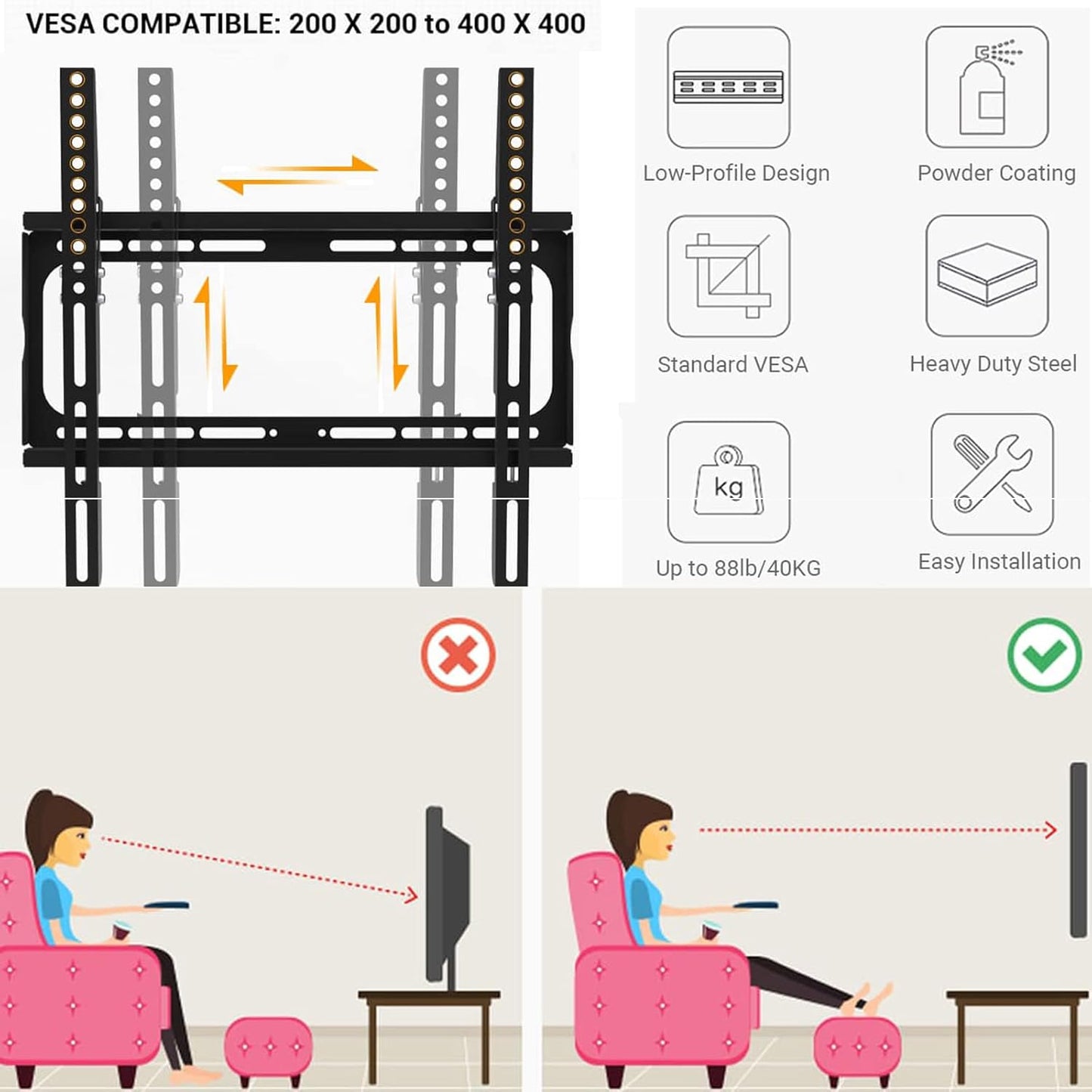 PrimeCables Low Profile Tilt TV Wall Mount Bracket for 26-55 Inch LED, LCD, OLED, Plasma Flat Screen TVs with VESA 400x400mm Up to 88lbs