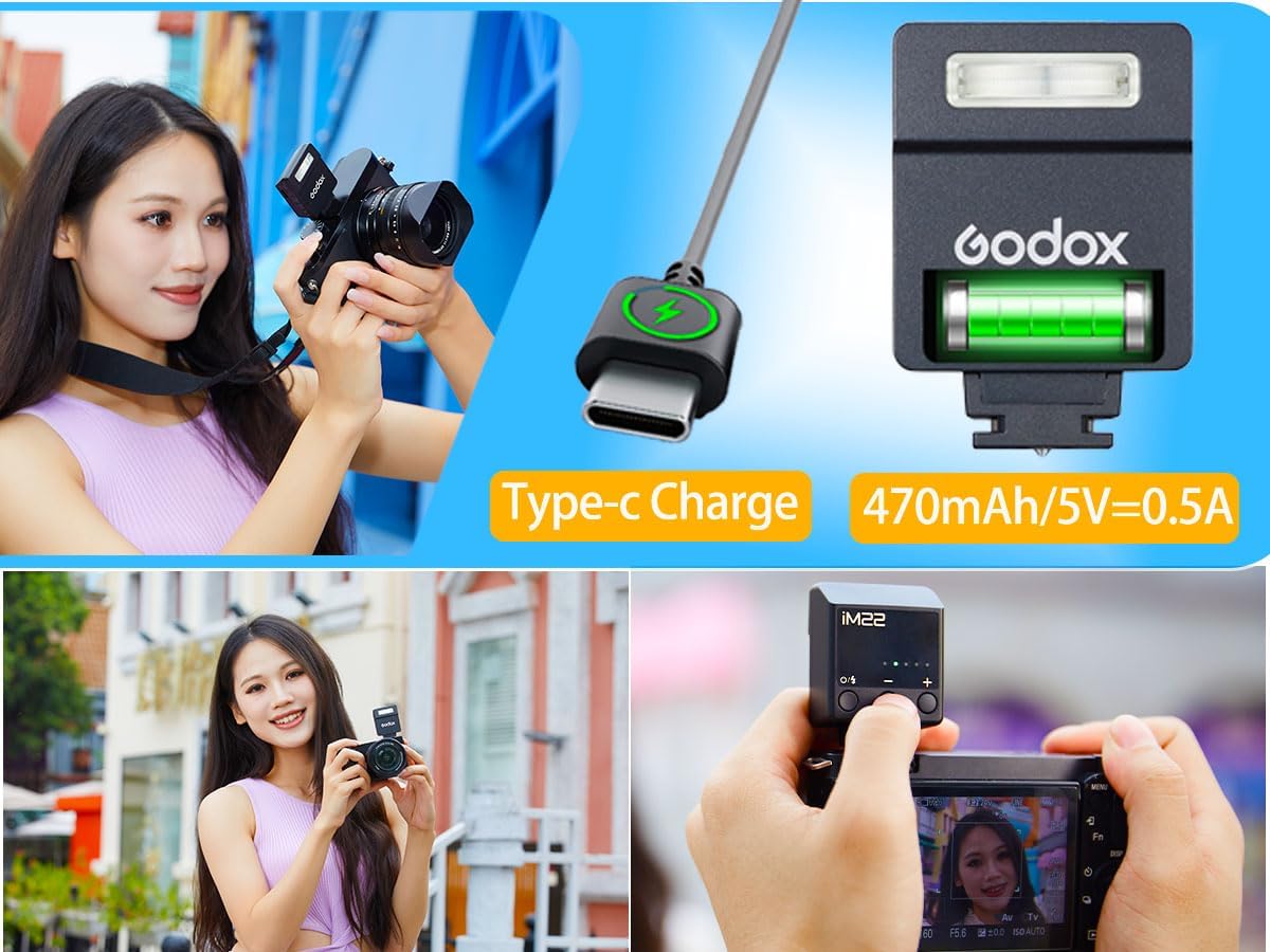 Godox Flash Godox iM22 Mini Camera Flash - GN10/470 mAh/Type-c Charge/440 Full-Power Flashes/3s Recycle Times/5 Power Levels/Manual, Camera Flash for Sony zv1/Sony zve10/Ricoh gr3/Fujifilm f1 etc.