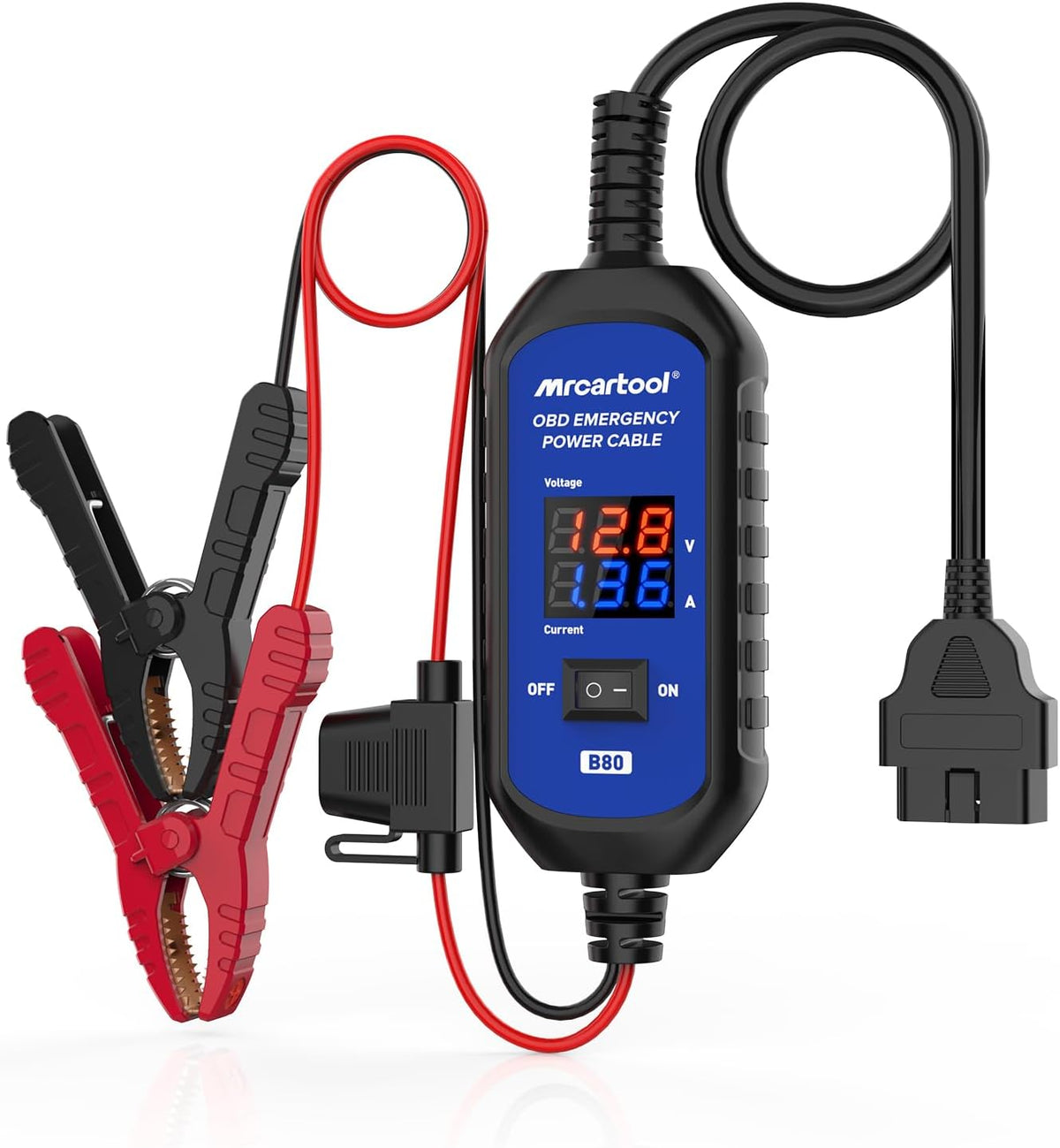 MR CARTOOL OBD2 Car Memory Saver Cable with Voltage and Current Display, Vehicle Emergency Power Supply Cable 12V withAuto Leakage Detection,2 Alligator Clips&3A Fuse