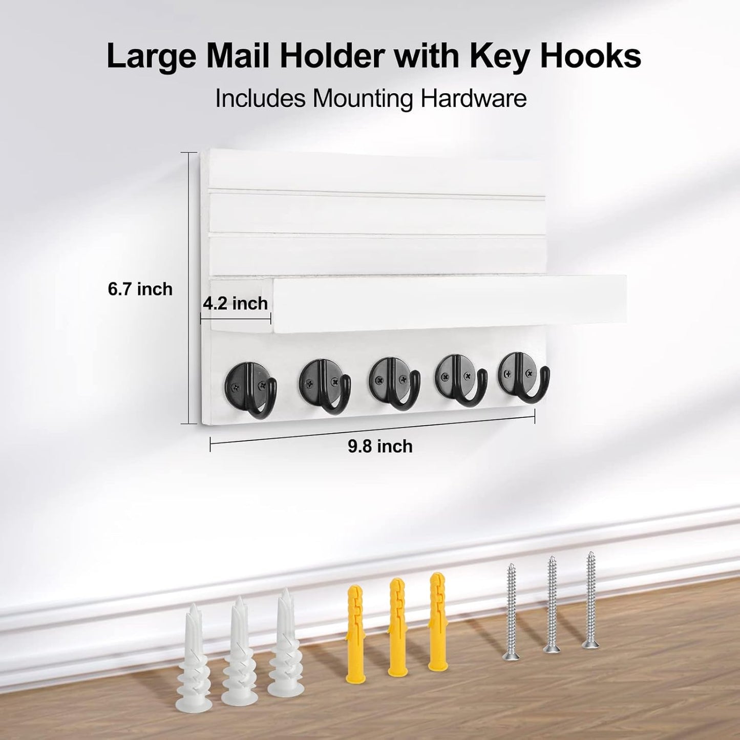 Lwenki Key Holder for Wall, Decorative Key and Mail Holder with Shelf Has Large Key Hooks for Bags, Coats, Umbrella – Paulownia Wood Key Hanger with Mounting Hardware (Black)