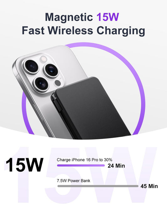 Magnetic Power Bank, 10,000mAh Wireless Portable Charger for Mag-Safe 15W Fast Charging, Battery Pack with USB-C Cable 20W in/Out for iPhone Air/17/16/15/14/13/12/Plus/Pro/Pro Max, AirPods & More