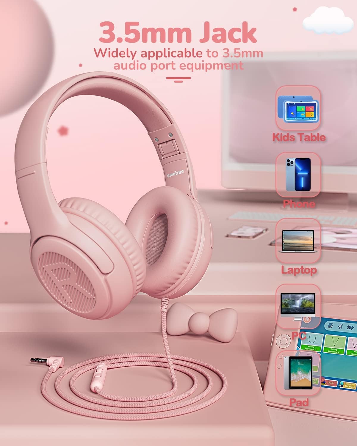 awatrue Kids Headphones with Microphone, Wired Headphones for Kids 85/94dB Safe Volume Limit, Over Ear Headsets, Boys Girls Childrens Headphones for School/Travel/Fire Tablet/BlueOrange