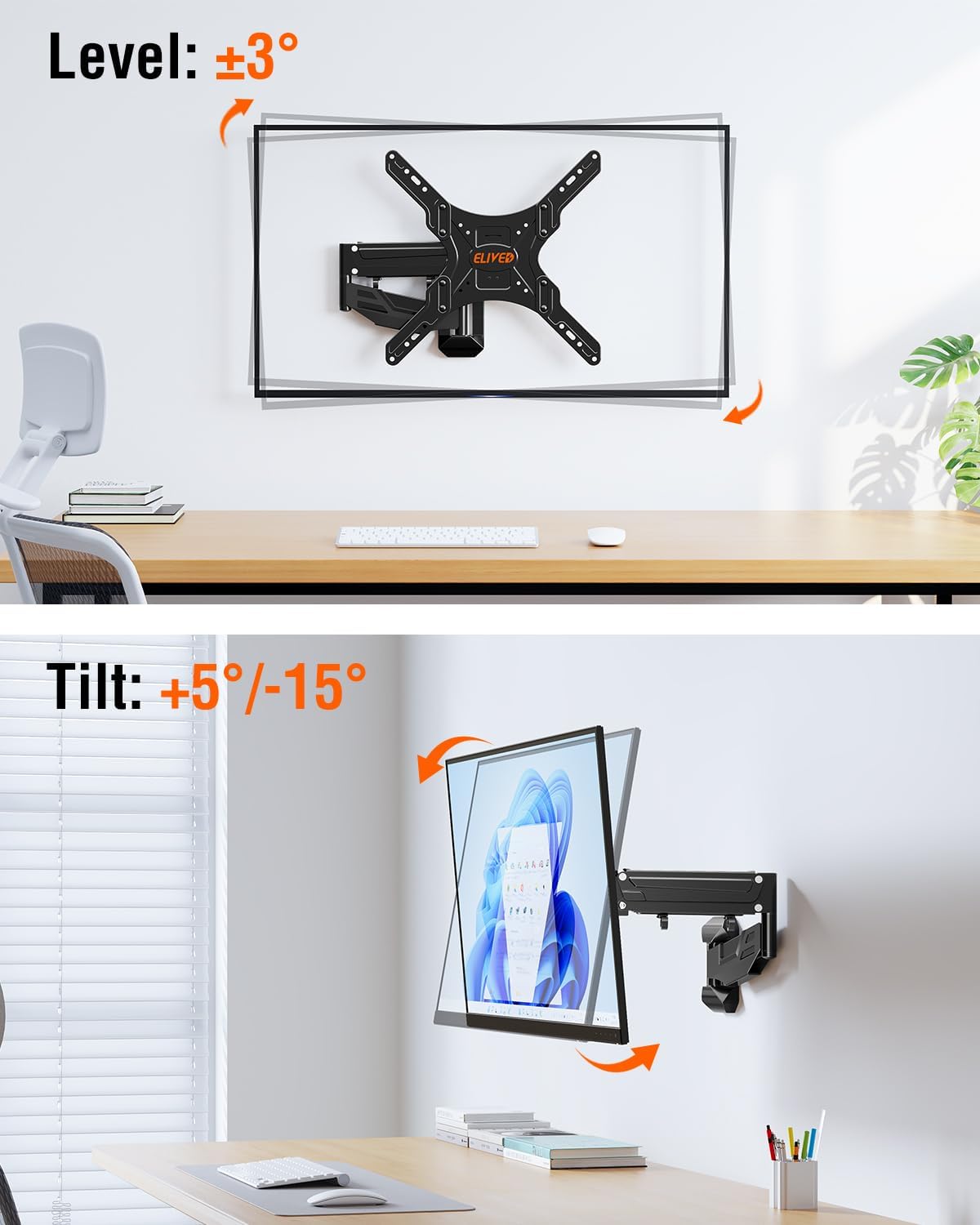 ELIVED Height Adjustable TV Wall Mount for Most 23-55 Inch tvs, Spring Arm Full Motion Swivel Tilt Articulating TV Mount Bracket, Max VESA 400x400mm, Support 11-66 lbs, YD1010