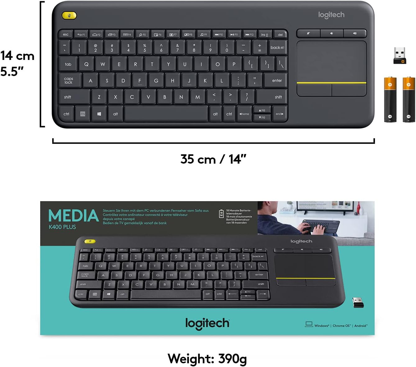 Logitech K400 Plus Wireless Touch TV Keyboard With Easy Media Control and Built-in Touchpad, HTPC Keyboard for PC-connected TV, Windows, Android, Chrome OS, Laptop, Tablet - Black