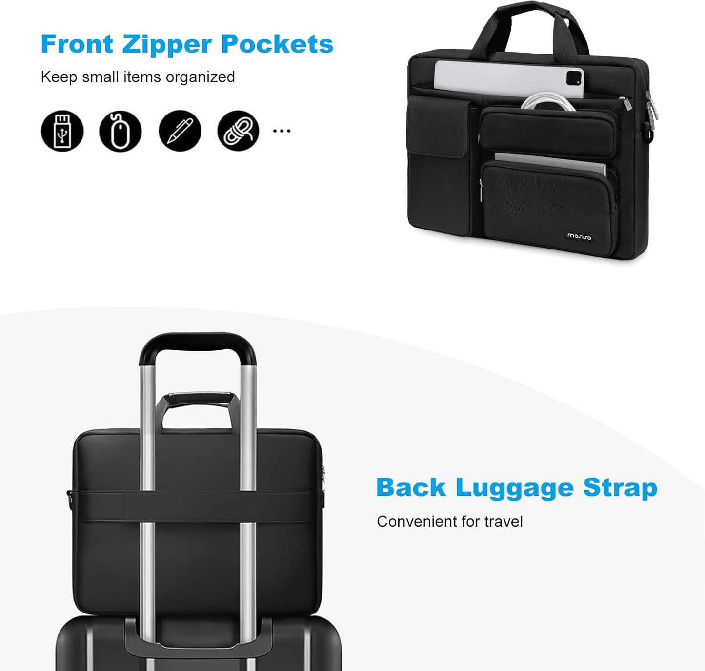 MOSISO Laptop Bag 13.3 inch, 13-13.3 inch Computer Shoulder Bag Compatible with MacBook Air/Pro 13/Pro 14, HP Dell ASUS Notebook &2 Raised&1 Flapover&1 Horizontal Pocket&Handle&Belt, Black