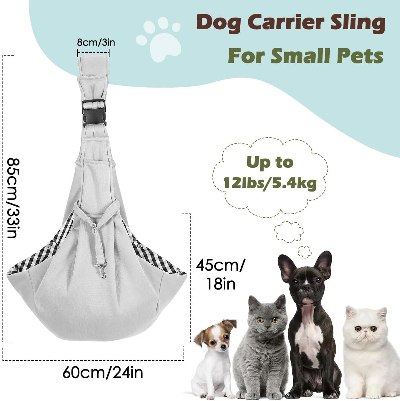 Pawaboo Small Dog Sling Carrier, Reversible Hands Free Dog Sling Carrier for Small Dogs and Cats, Puppy Sling Carrier with Adjustable Strap Buckle & Safety Harness, Puppy Essentials, Grey