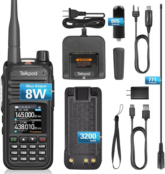 Talkpod A36plus MAX 8W Walkie Talkie Handheld, Long Range Two Way Radio with 771 Airband Antenna & 805 Antenna, Type-C Rechargeable 3200mAh Battery, 999 Channels, 1.44 inch Color Screen(Black)-1 Pack