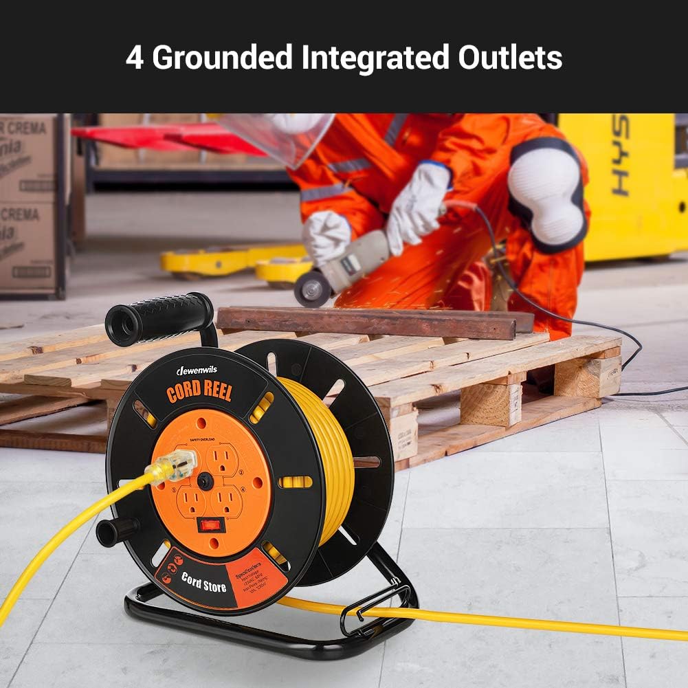 DEWENWILS Extension Cord Storage Reel with 4-Grounded Outlets, Heavy Duty Open Cord Reel for 12/3,14/3,16/3 Gauge Power Cord, Hand Wind Retractable, 10A Circuit Breaker, Rocker Power Switch