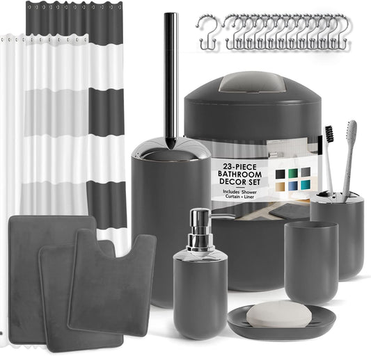 Clara Clark Bathroom Set - Gray Bathroom Accessories Set, Bathroom Sets with Shower Curtain and Rugs, 23PC Shower Curtain Set with Liner, Soap Dispenser, Soap Dish, Toilet Brush Holder, and Trash Can - PuriLite