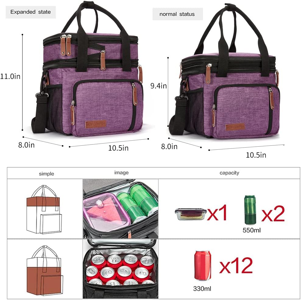Lunch Bag Women Insulated Lunch Box for Work, Purple Expandable Large Lunch Bags, Leakproof Double Deck Lunch Box Cooler Bag(Purple)