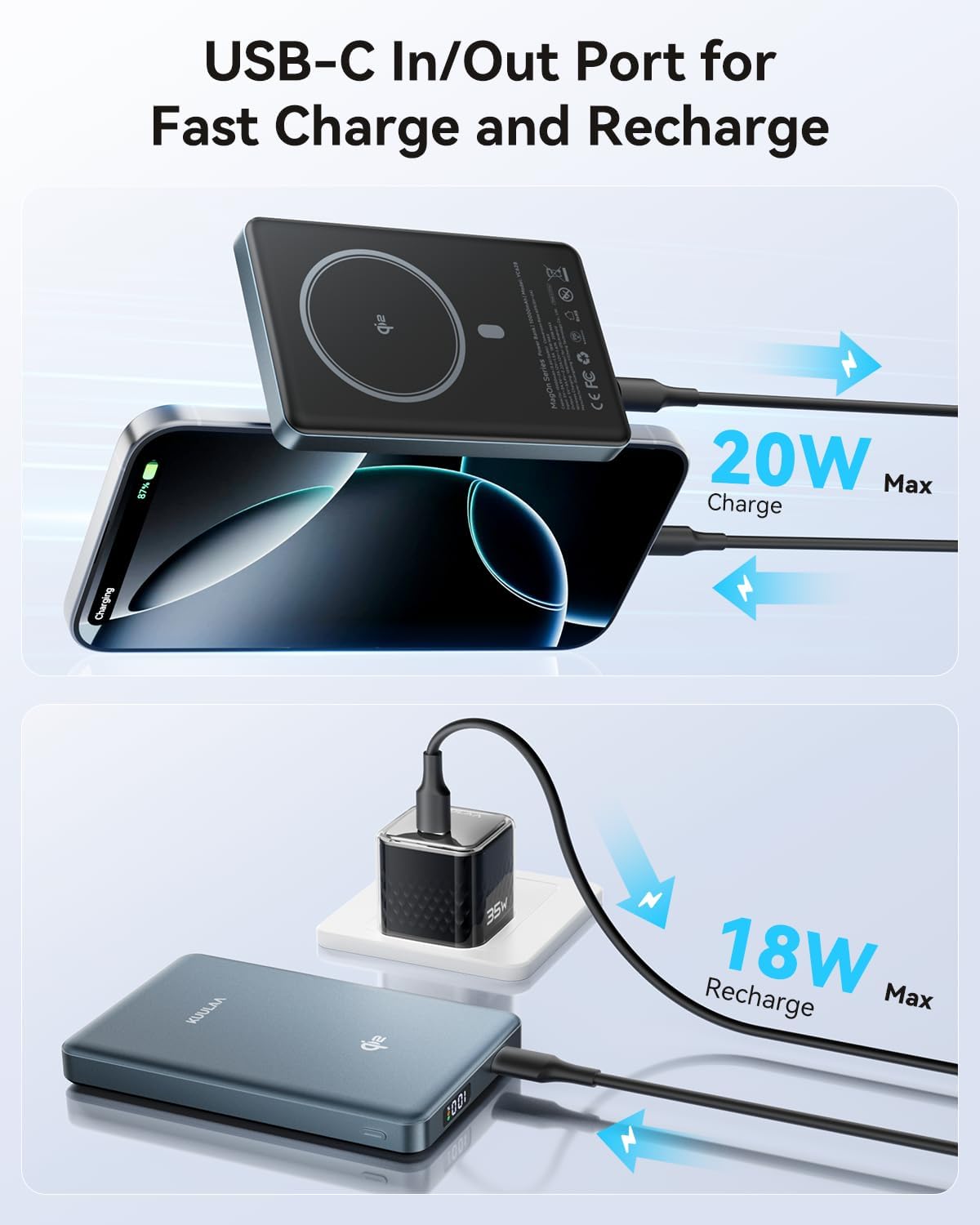 Kuulaa Magsafe Power Bank 10000mAh qi2 Certified 15W Magnetic Portable Charger with LED Display, Wireless Battery Pack Power Bank iPhone, Portable Charger for iPhone 16/15/14/13/12, Grey
