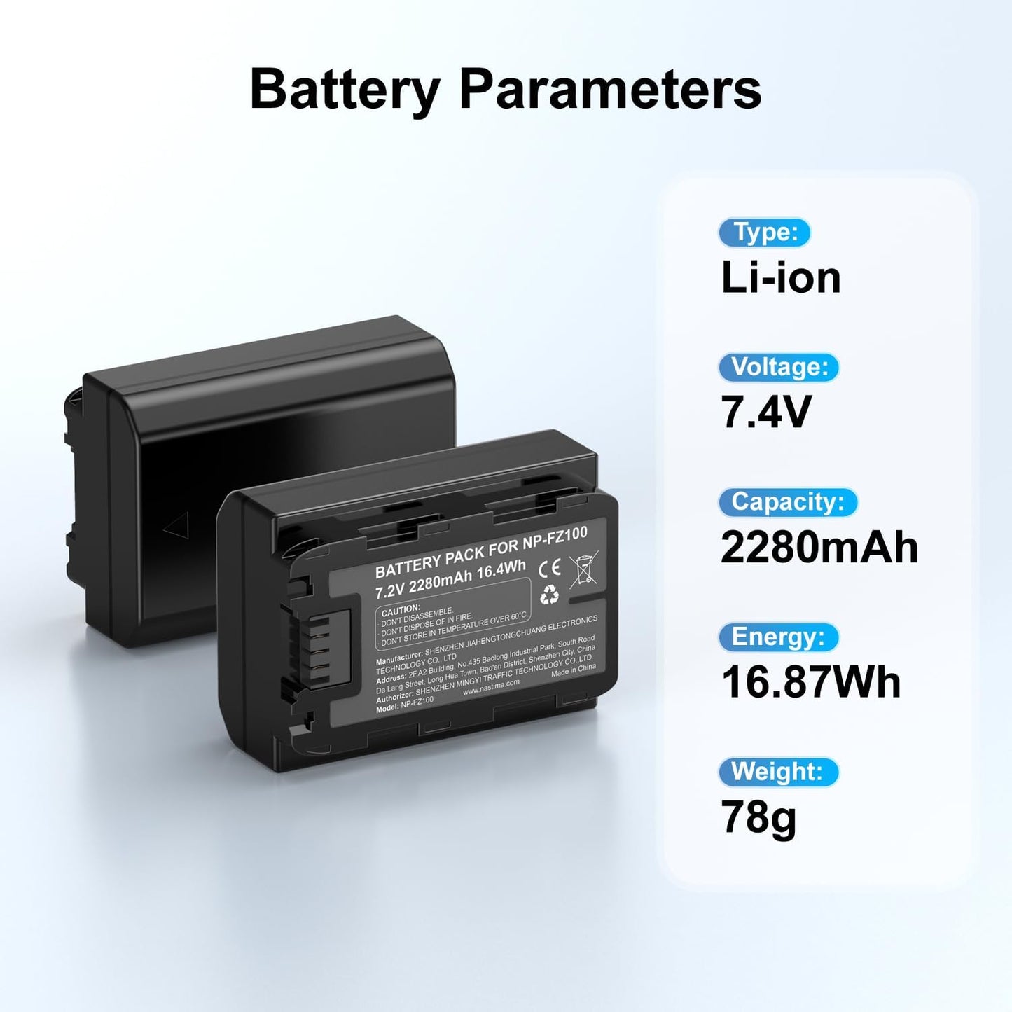NASTIMA NP-FZ100 2-Pank 2280mAh Battery Replacemnt with LCD Battery Charger Compatible with Sony FX3, FX30, A7iii, A7iv, A7C, A9, A6600, A6700, ZV-E10ii, ZV-E1, A9S, Alpha 9, A7R III, A7R IV, A7RV