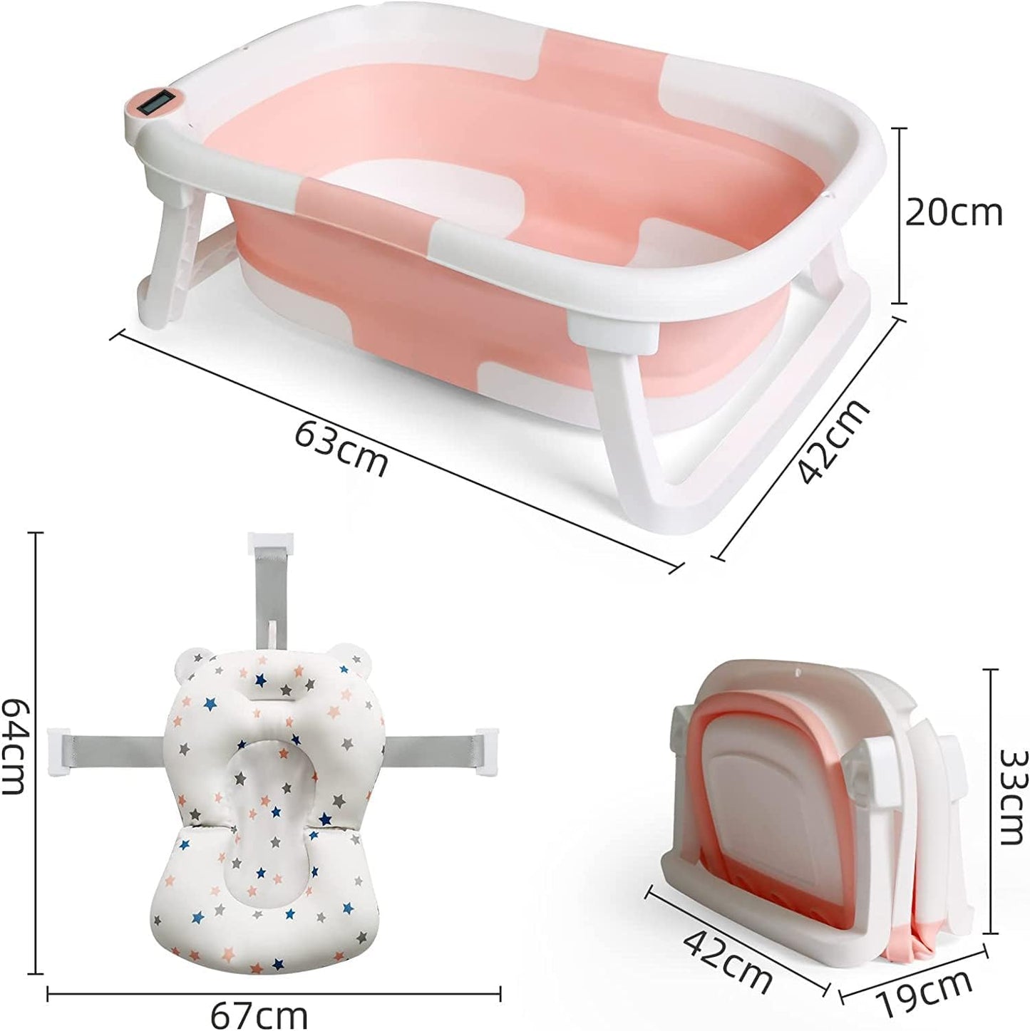 Befol Collapsible Baby Bathtub for Infants to Toddler, Portable Travel Bathtub Multifunctional Bathtub with Drain Hole, Baby Folding Bathtub for Newborn 0-36 Month (Blue+Floating Baby Bath Cushion Pink