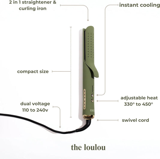Edrée The Loulou 2-in-1 Airflow Hair Straightener & Curler | 1" Titanium Plates | 330°F to 450°F Heat Control with Cool Shot | 360 Swivel | Dual Voltage (Olive) - PuriLite
