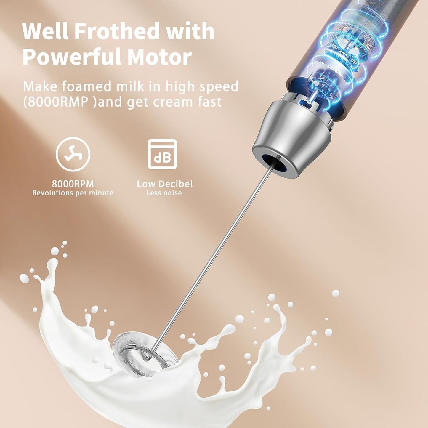 Maestri House Rechargeable Milk Frother, Handheld Electric Foam Maker Waterproof Detachable Stainless Steel Whisk Drink Mixer Foamer with Stand,LunaFro