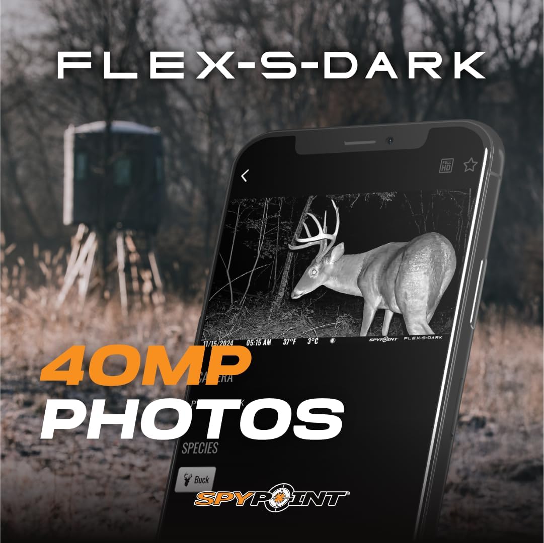 SPYPOINT Flex-S Dark Ultimate Pack Solar Outdoor Cellular Trail Camera - Integrated Solar Panel, No WiFi Needed, Night Vision Motion Activated, Dual-Sim LTE, 40MP Photos and 1080p w/Sound