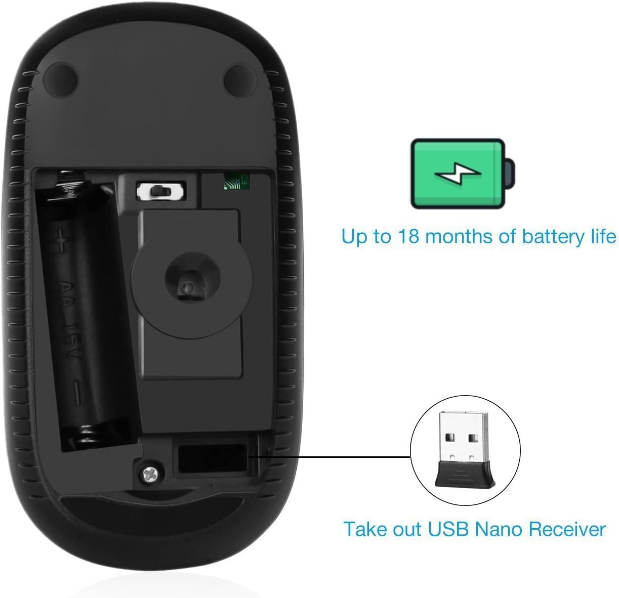 Wireless Mouse, Vssoplor 2.4G Slim Portable Computer Mice with Nano Receiver for Notebook, PC, Laptop, Computer (Black and Sapphire Blue)