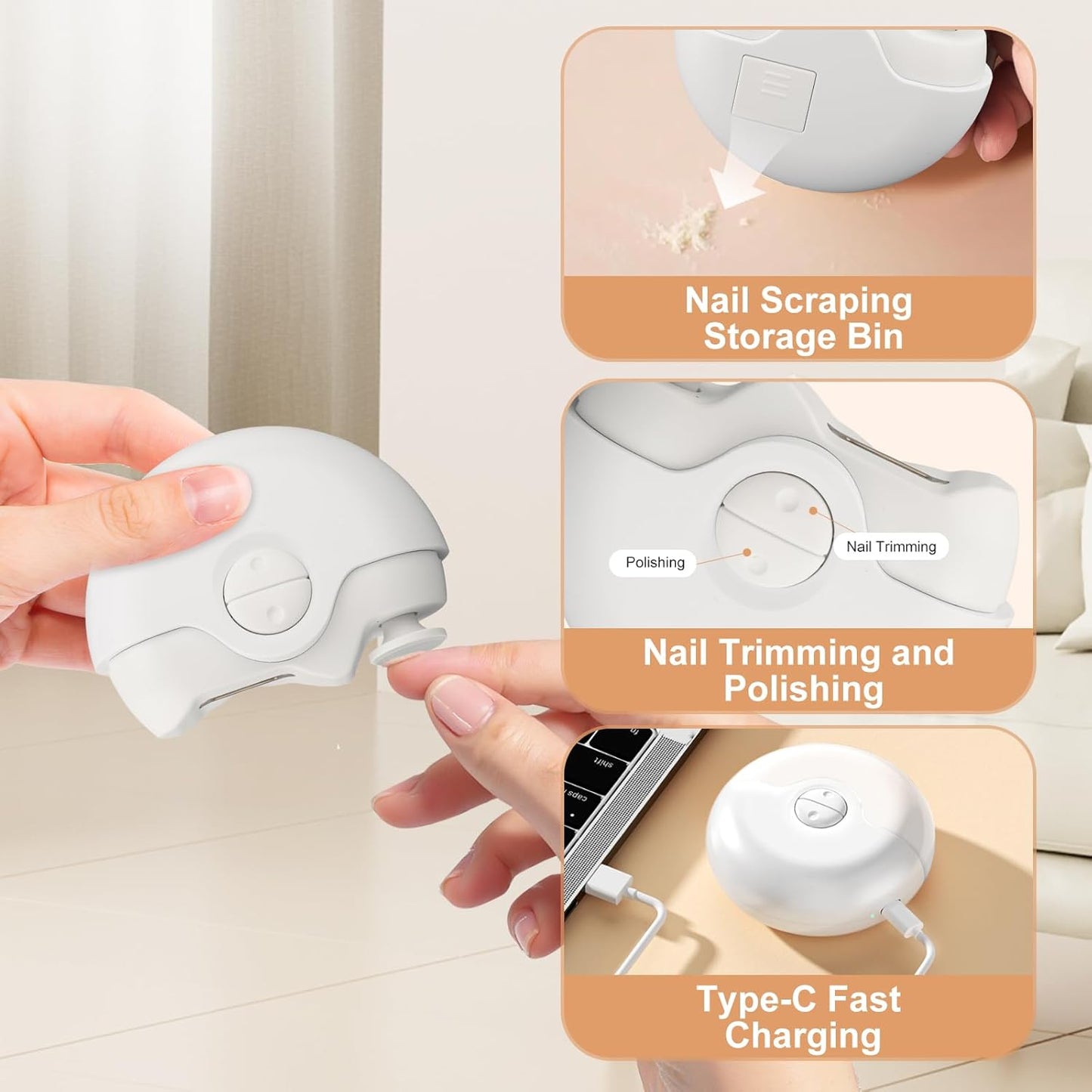 Electric Nail Clipper, 2 in 1 Electric Polishing Automatic Nail Clippers, Portable Electric Nail Trimmer with Nail Chip Storage, Automatic Nail Clipper for Adults Children Elderly (White)