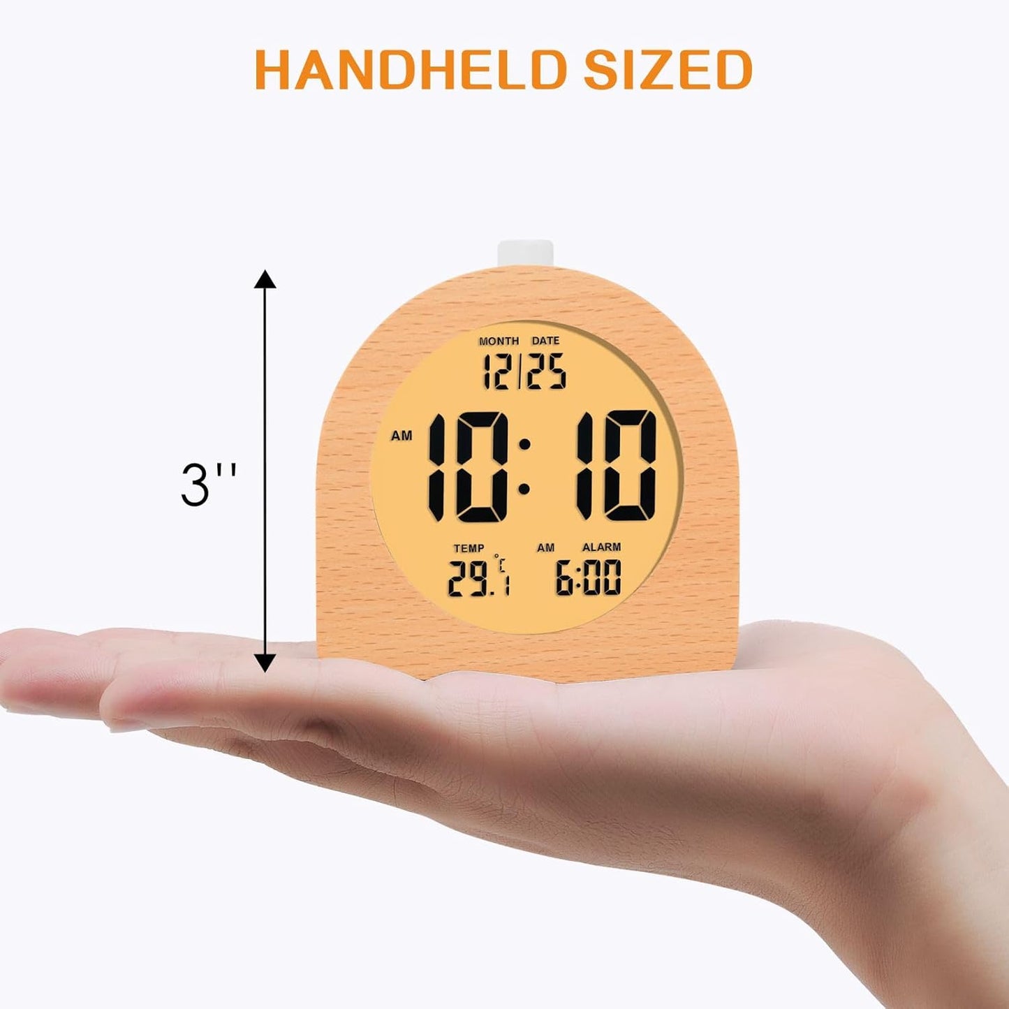 Plumeet Wooden Digital Alarm Clock for Bedrooms, Wood 4'' Battery Powered Alarm Clock with Snooze and Nightlight, Electronic LCD Desk Clock Display Time, Date, Temp, 12/24H, Wood Décor (Sapele, 3.2'')