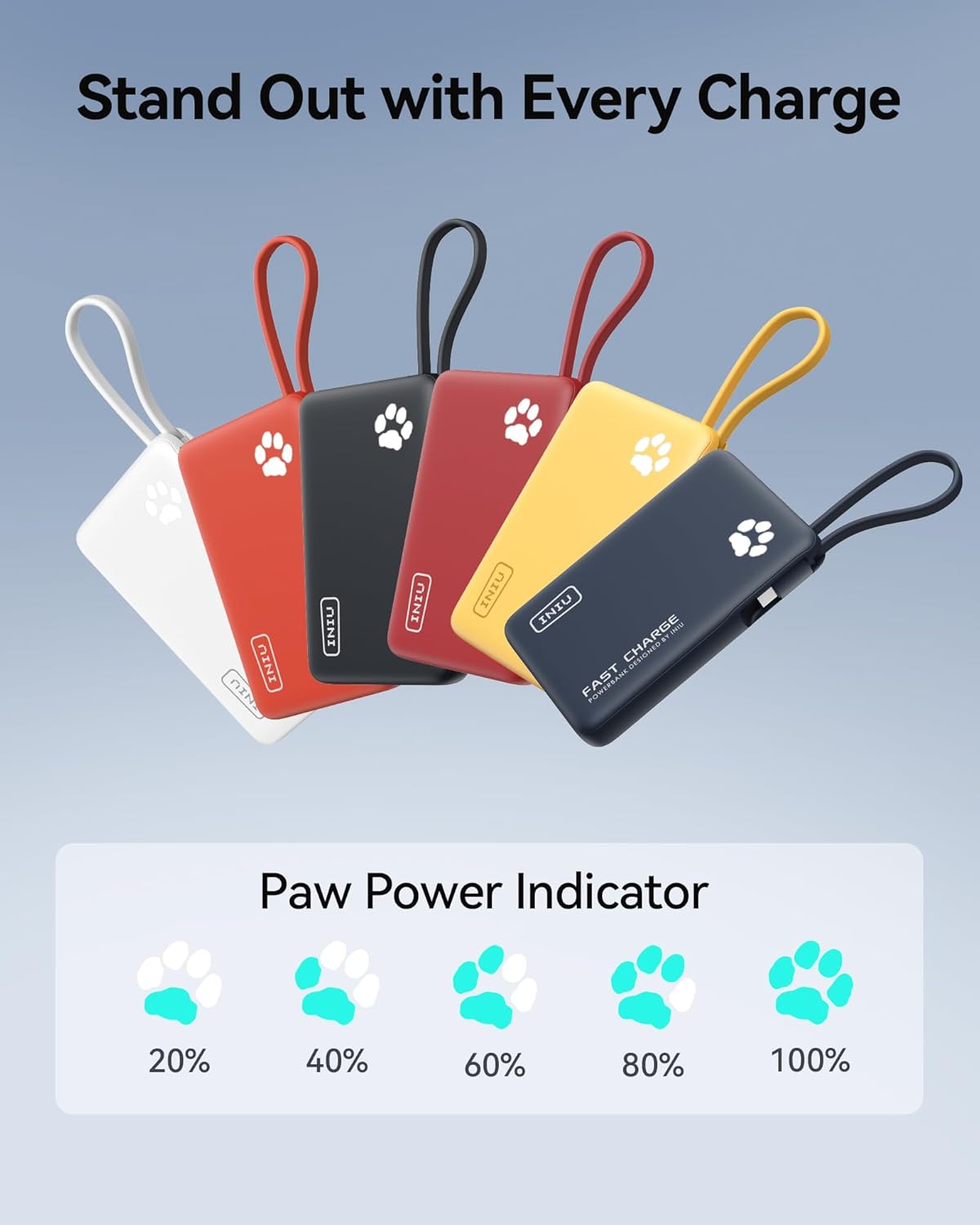 INIU Portable Charger, Slim 10000mAh Power Bank with Build in USB-C Cable, 20W Fast Charging Powerbank with Cords Wires, Travel Essentials Battery Pack for Multi Smartphones Tablets, Yellow
