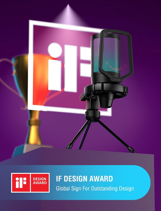 Fifine USB Gaming Microphone for Computer PC PS5, RGB Condenser Mic with Quick Mute, Gain Control, Tripod Stand, Pop Filter, Shock Mount, for Streaming Discord Twitch YouTube Videos-A6V - PuriLite