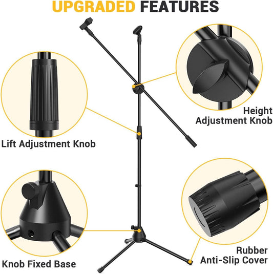 Microphone Stand 2-Pack, Ohuhu Tripod Boom Mic Stands, Dual Mic Clip, Collapsible, Black - PuriLite