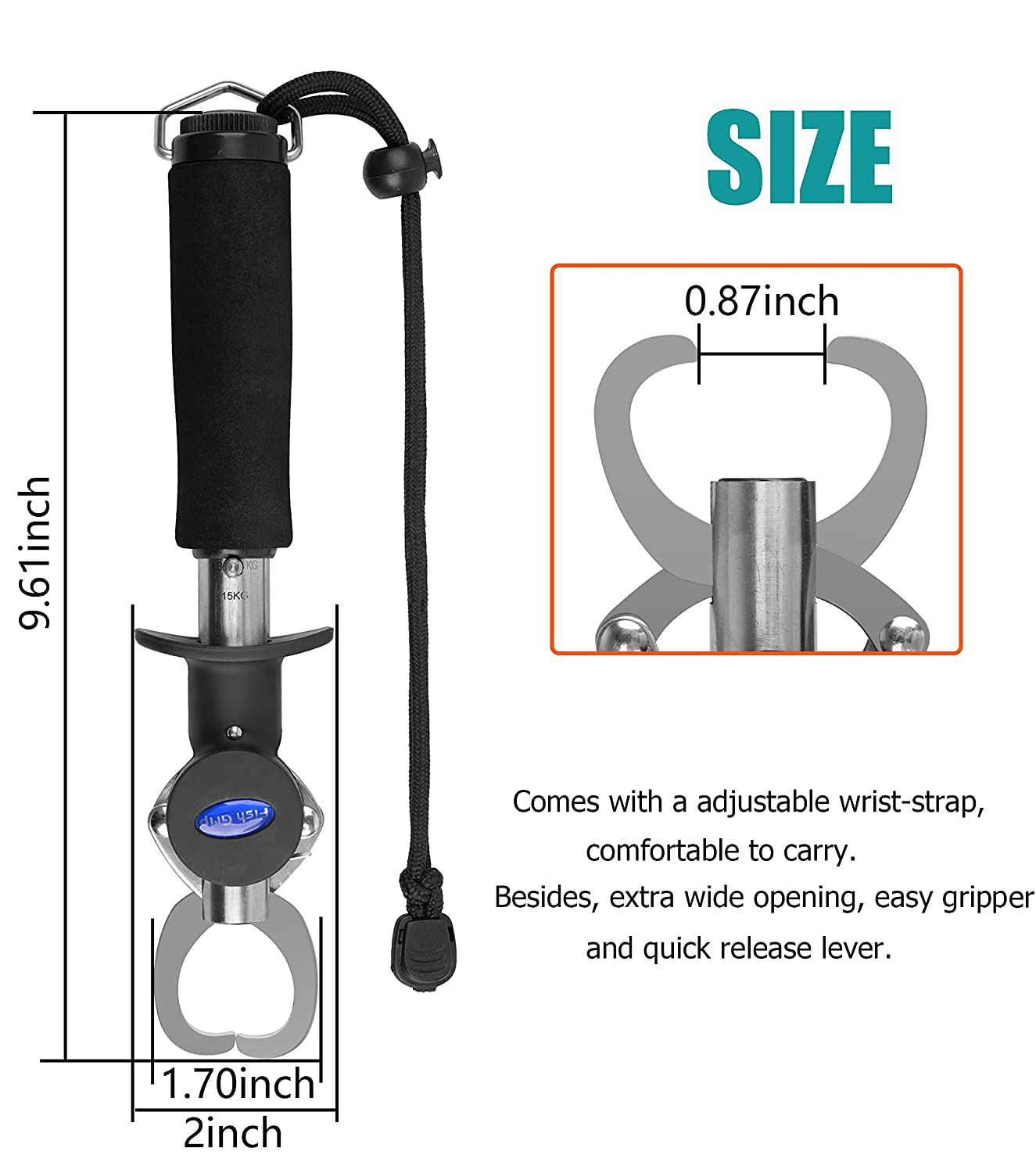 Fish Lip Gripper With Scales - Portable Stainless Steel Holder and Grabber Tool - 40 Pound Capacity With Weight Scale, Ruler and Lanyard