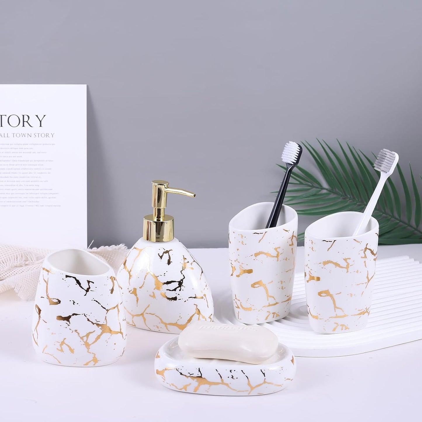 White Bathroom Accessories Set,Modern Countertop Bathroom Decor,Luxury 6 Piece Bathroom Accessory Set,Complete with Soap Dispenser,Toothbrush Holder,Tumbler,Tray