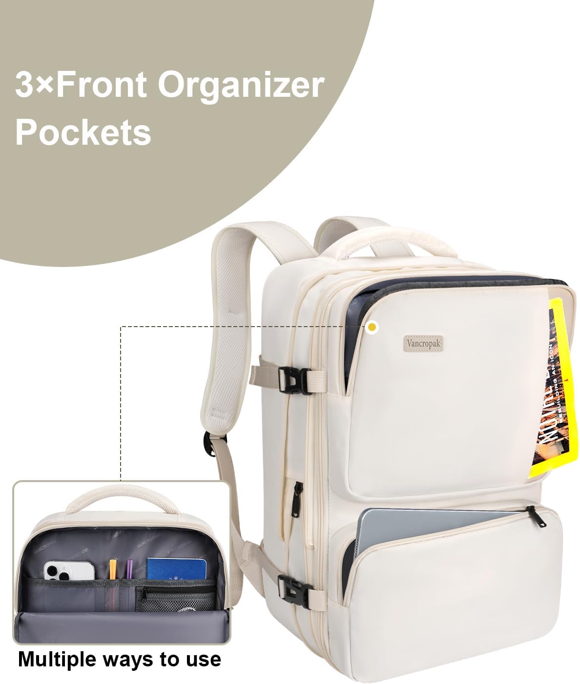 Vancropak Carry on Backpack, Airline Approved 45L Travel Backpack with 3 Packing Cubes - PuriLite